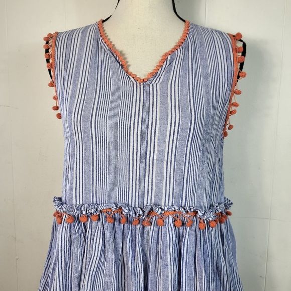 THML Blue White Stripe Pom Pom Peplum Cotton Blouse Size Medium - Picture 3 of 5
